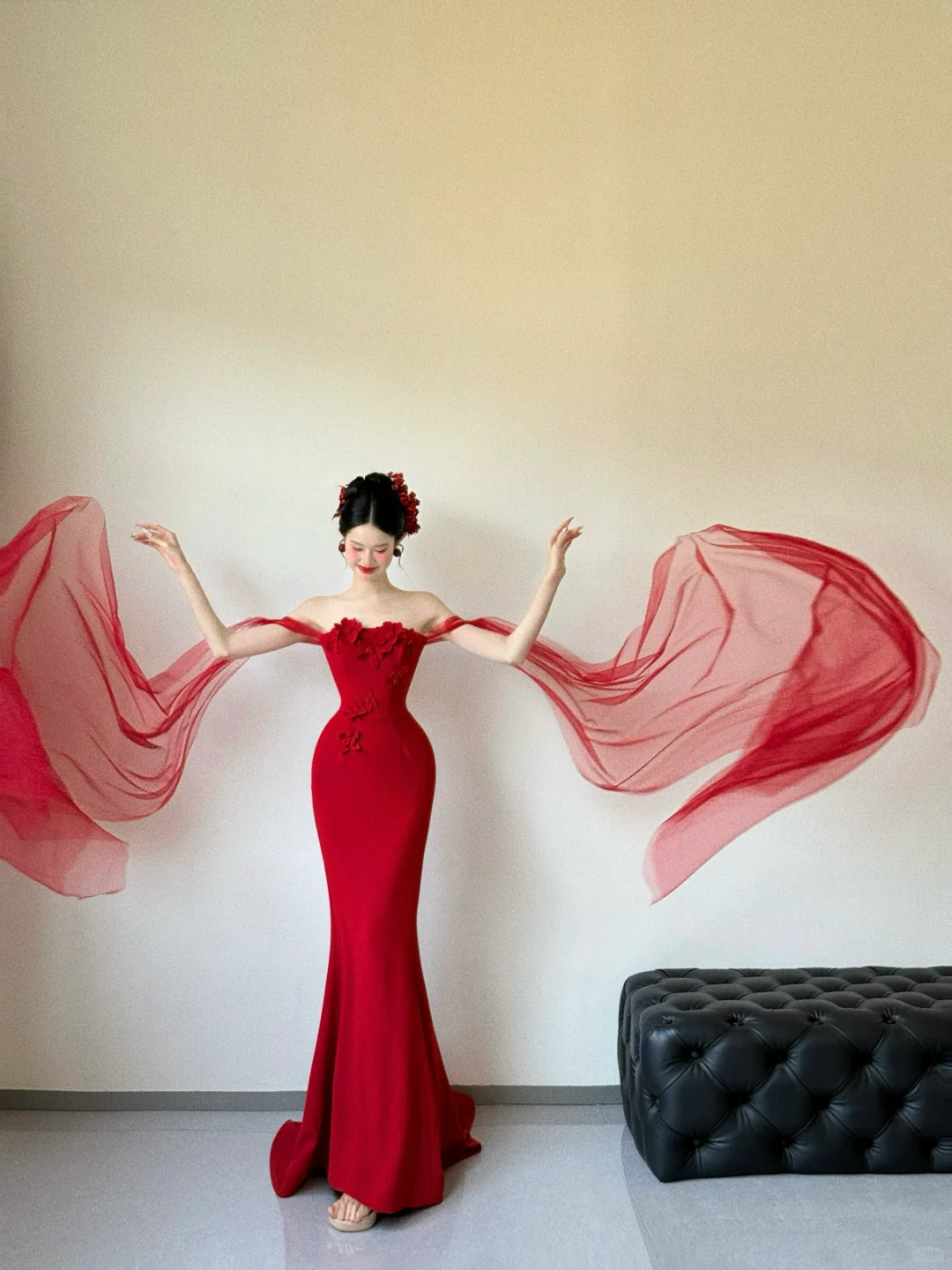 Unique Red Mermaid Off The Shoulder Satin Tulle Applique Long Prom Dresses