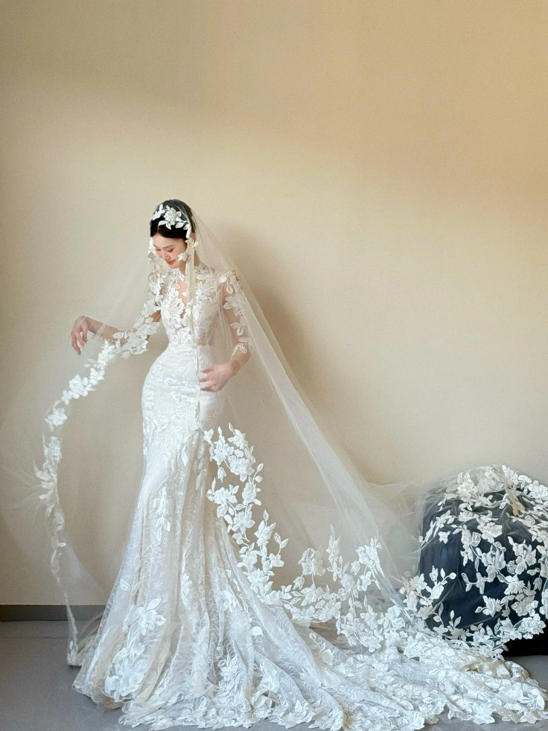 Dreamy White Mermaid Tulle Lace Applique With Veil Long Wedding Dresses