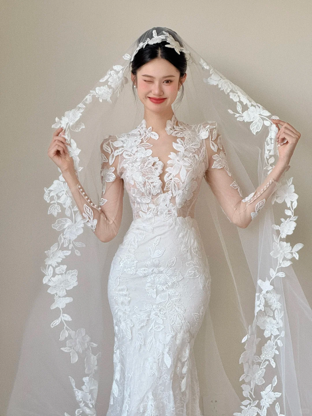 Dreamy White Mermaid Tulle Lace Applique With Veil Long Wedding Dresses