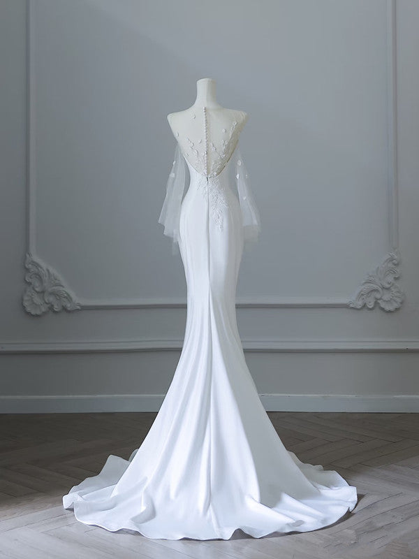 Unique Mermaid Scoop Long Sleeves Lace Wedding Dresses White Brides Dress