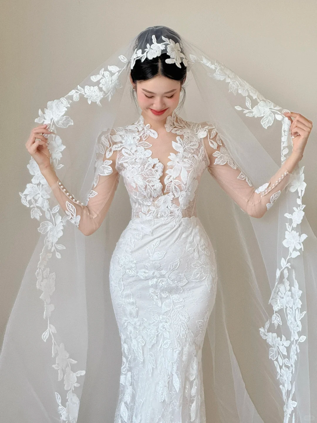 Dreamy White Mermaid Tulle Lace Applique With Veil Long Wedding Dresses