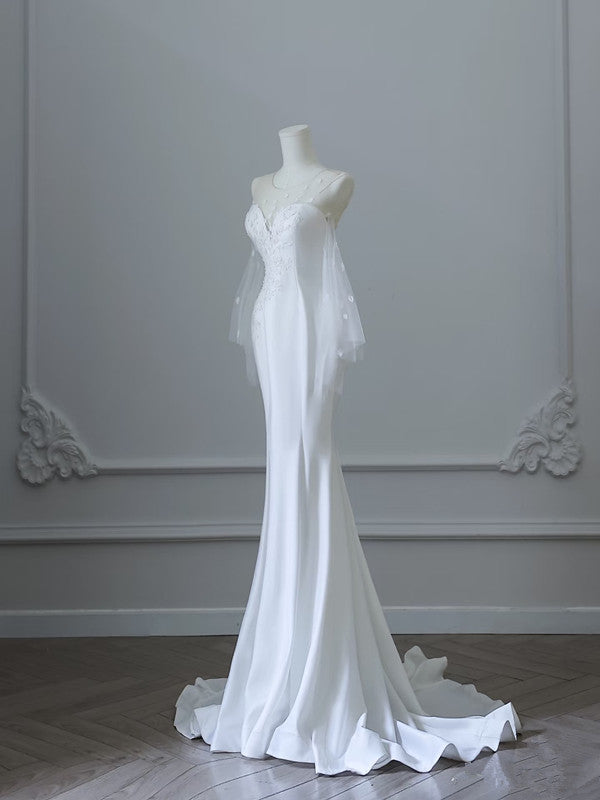 Unique Mermaid Scoop Long Sleeves Lace Wedding Dresses White Brides Dress