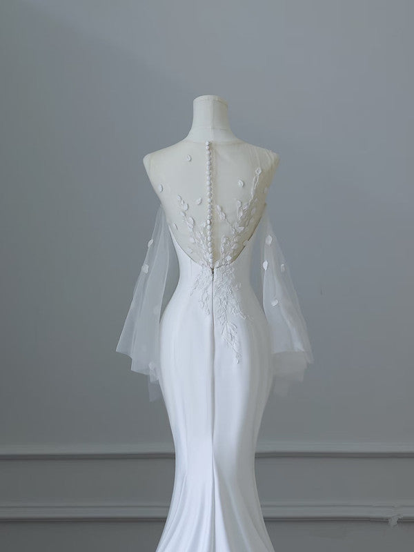 Unique Mermaid Scoop Long Sleeves Lace Wedding Dresses White Brides Dress