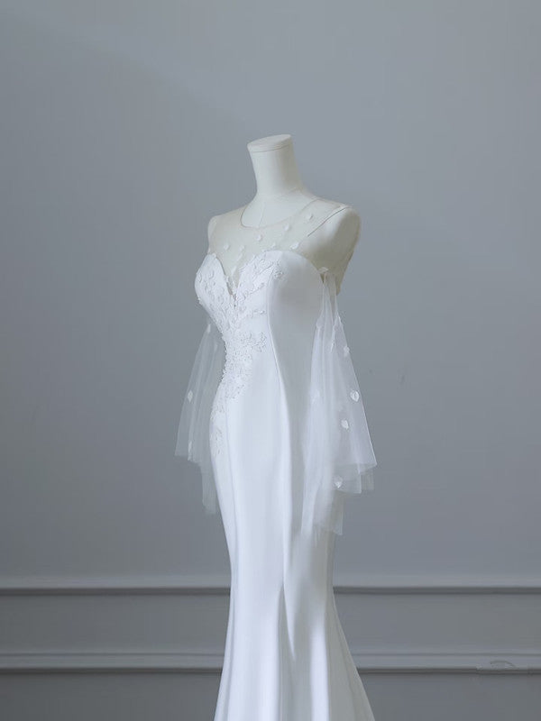 Unique Mermaid Scoop Long Sleeves Lace Wedding Dresses White Brides Dress