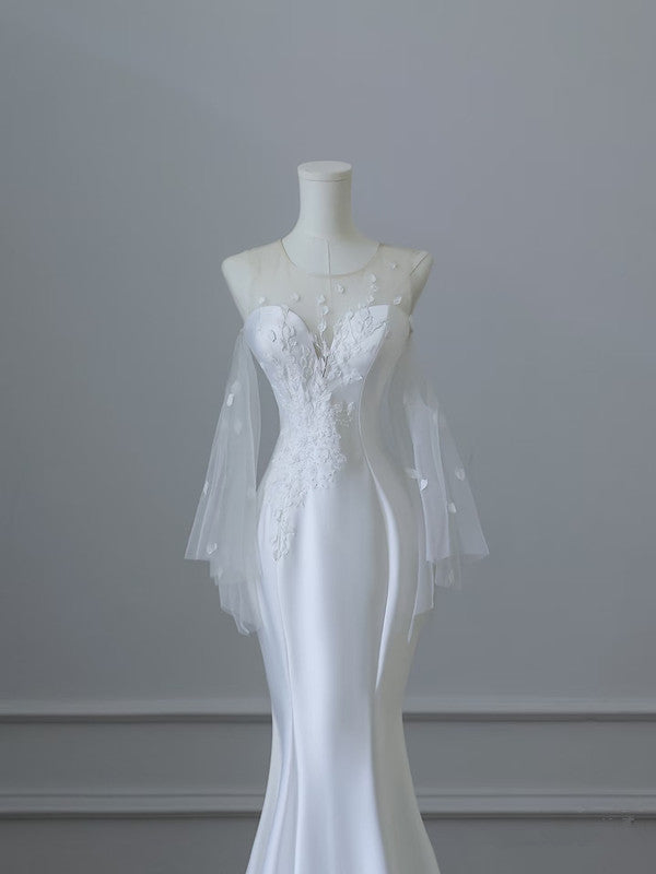Unique Mermaid Scoop Long Sleeves Lace Wedding Dresses White Brides Dress