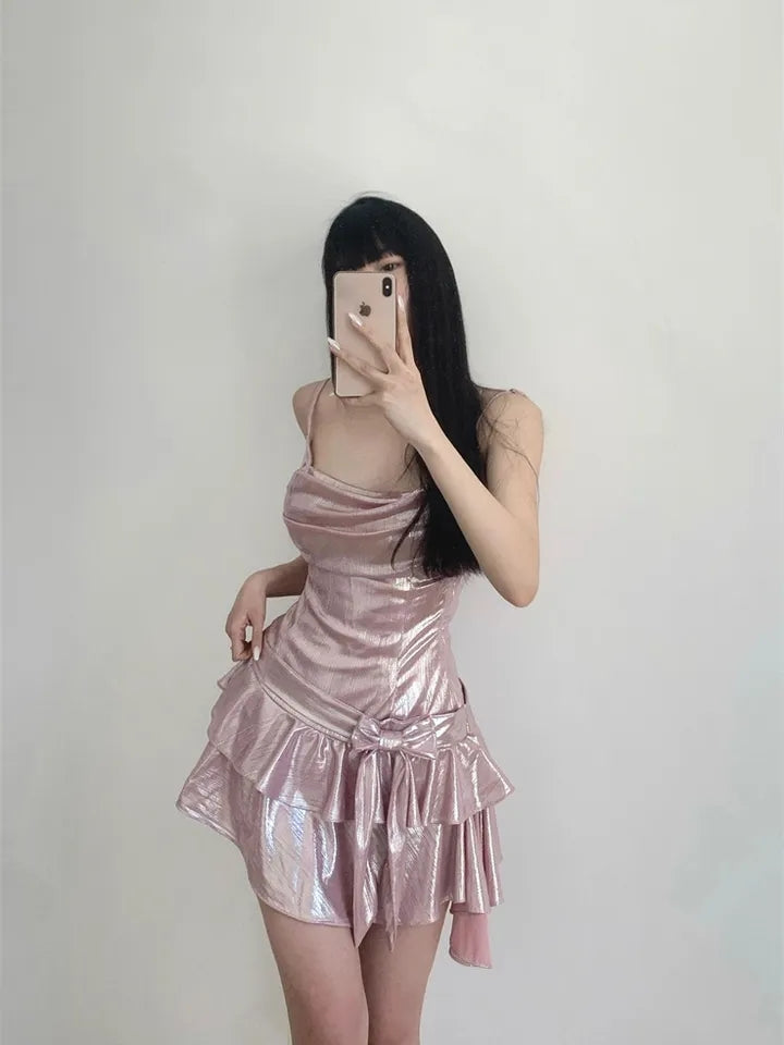 Pink Sequin Ruffle Asymmetrical Mini Dress Homecoming Dresses