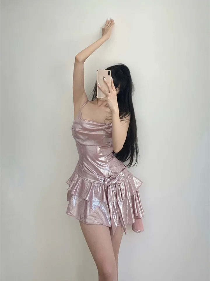 Pink Sequin Ruffle Asymmetrical Mini Dress Homecoming Dresses