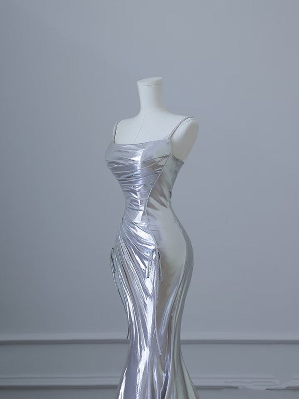 Sexy Mermaid Spaghetti Straps Silver Sequin Long Prom Dresses