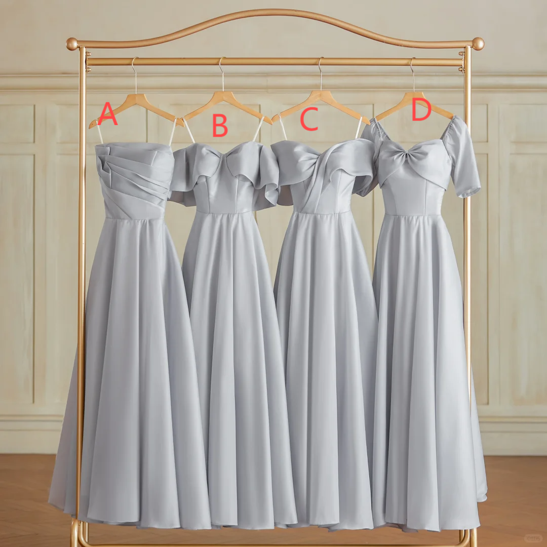 Classy A Line Silver Gray Satin Long Bridesmaid Dress