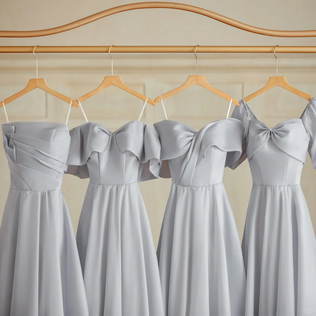 Classy A Line Silver Gray Satin Long Bridesmaid Dress