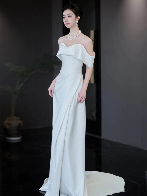 Unique Mermaid Off The Shoulder White Long Wedding Dresses With Short Sleeves Brides Dress