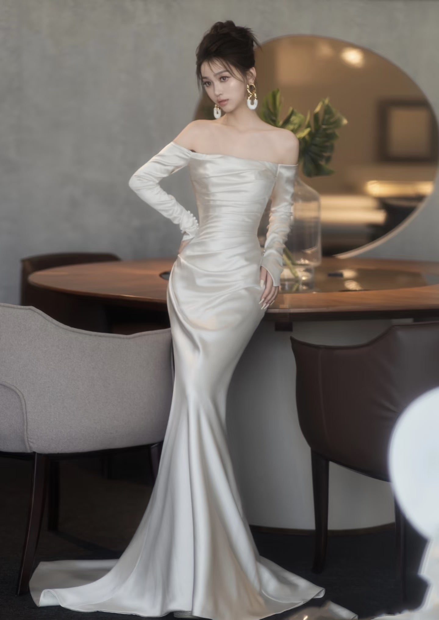 Unique Mermaid Off The Shoulder Long Sleeves Wedding Dresses Ivory Brides Dress