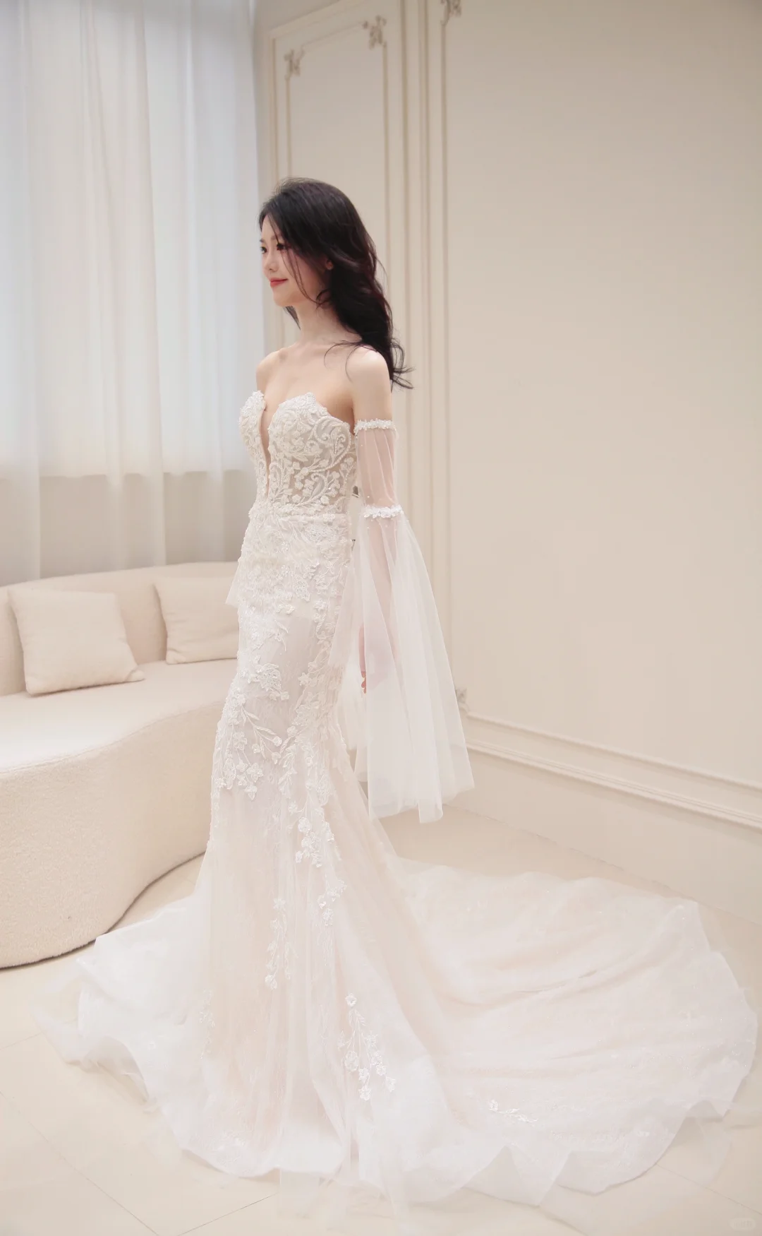 Timeless Mermaid Strapless Tulle Applique Long Sleeves Long Wedding Dresses