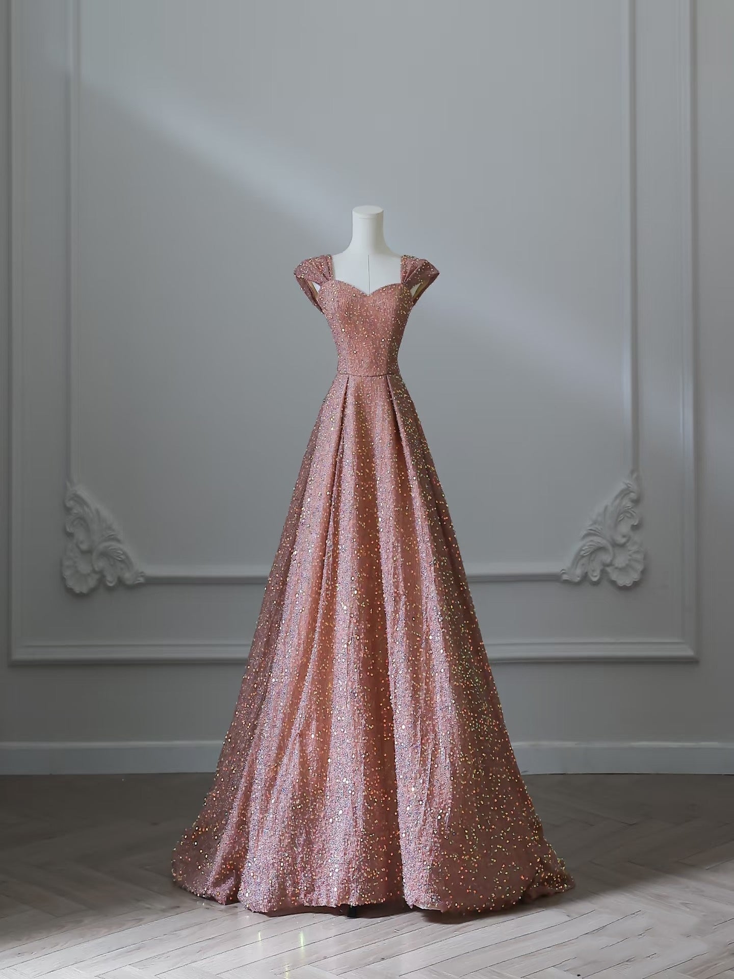 Sexy A line Straps Rose Pink Sequin Long Prom Dresses Evening Gowns