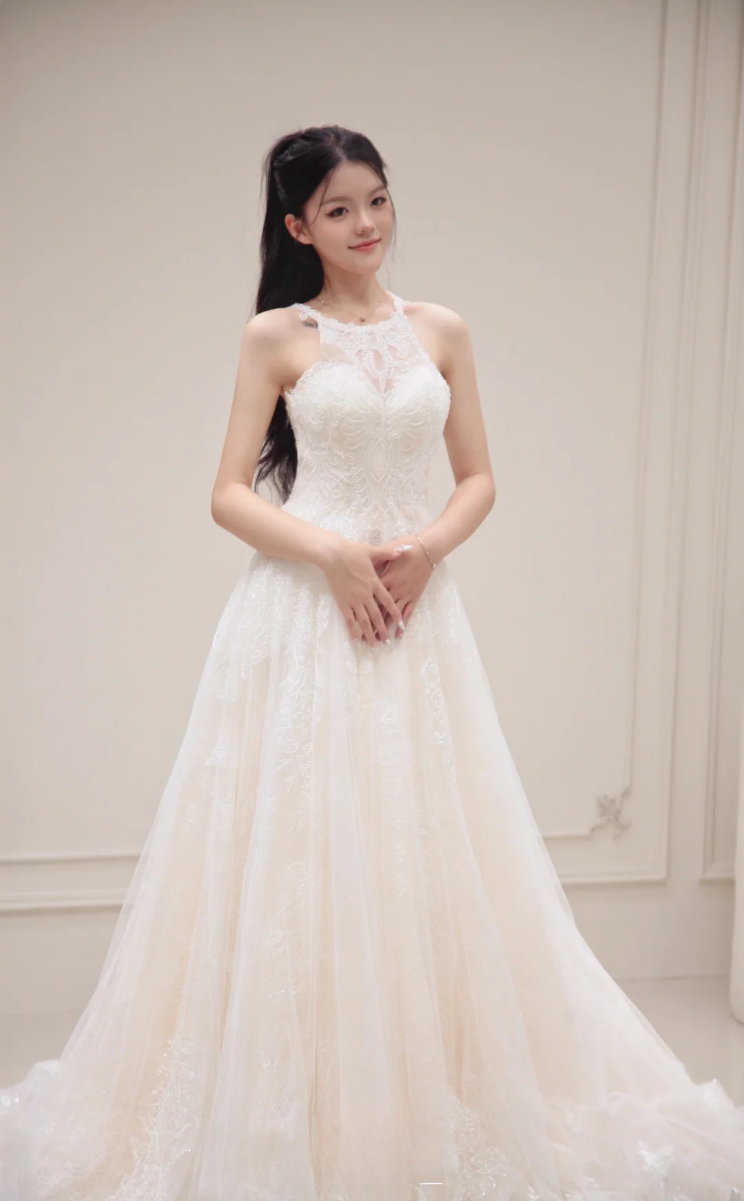 Princess A Line Halter Tulle Lace Long Wedding Dresses