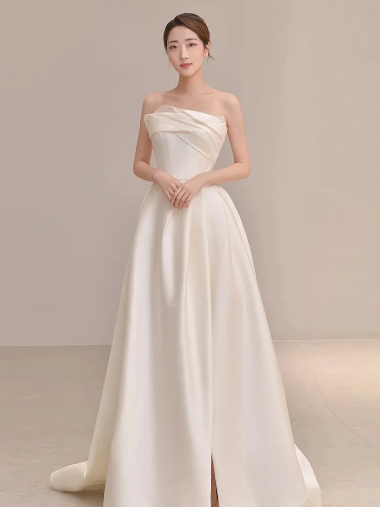 Summer Simple A Line Strapless Ivory Satin Slit Long Wedding Dresses