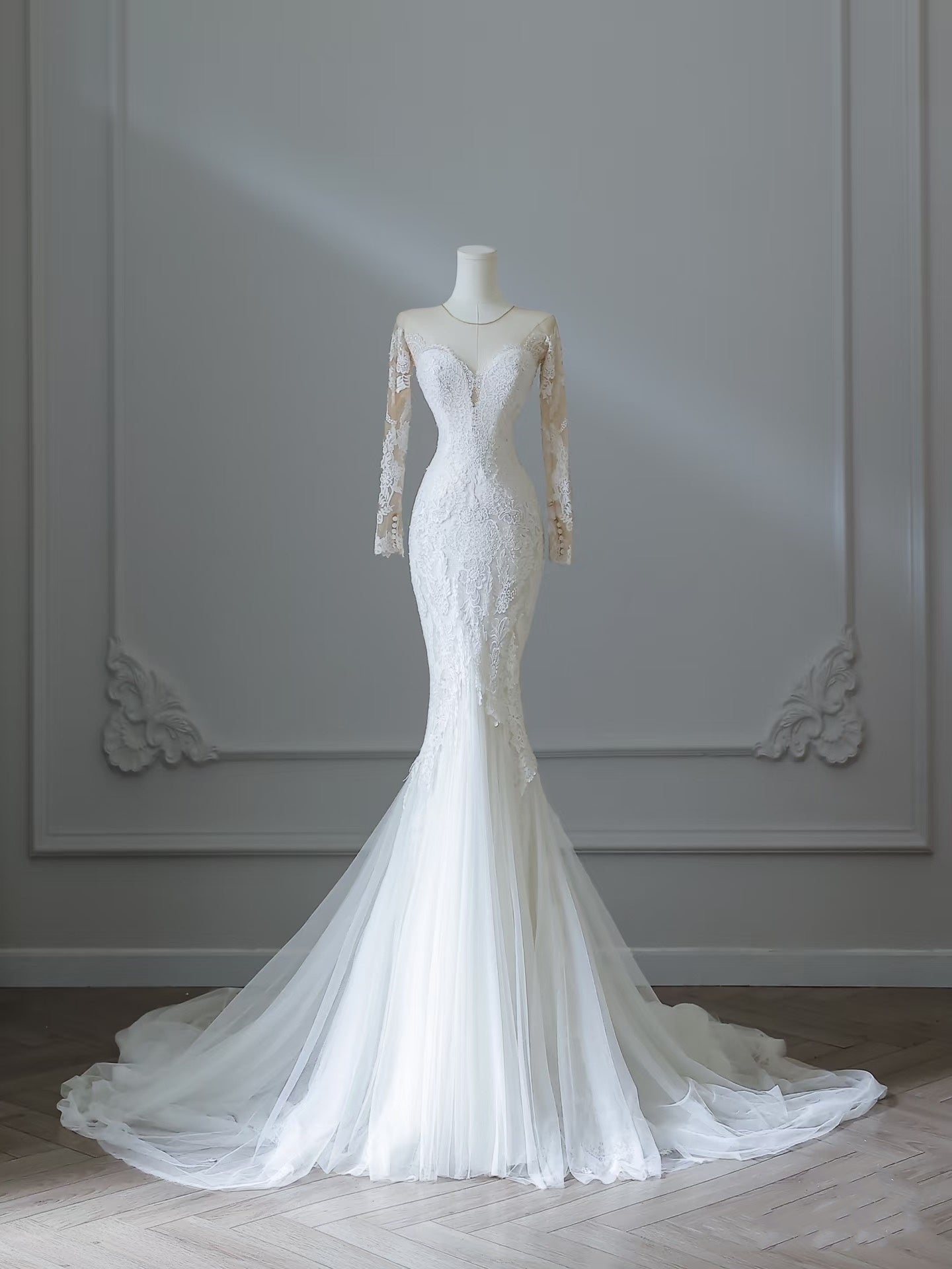 Unique Mermaid Scoop Neckline Long Sleeves Wedding Dresses White Brides Dress
