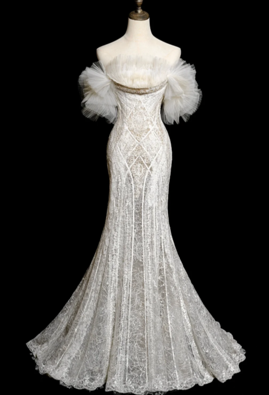 Unique Mermaid Off The Shoulder Tulle Lace Long Wedding Dresses