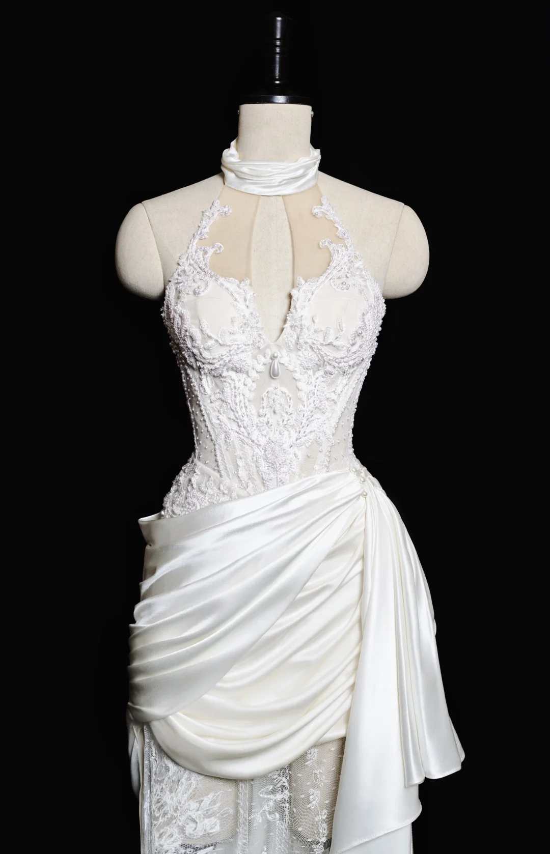 Vintage Mermaid Halter Satin Lace Pleated Long Wedding Dresses