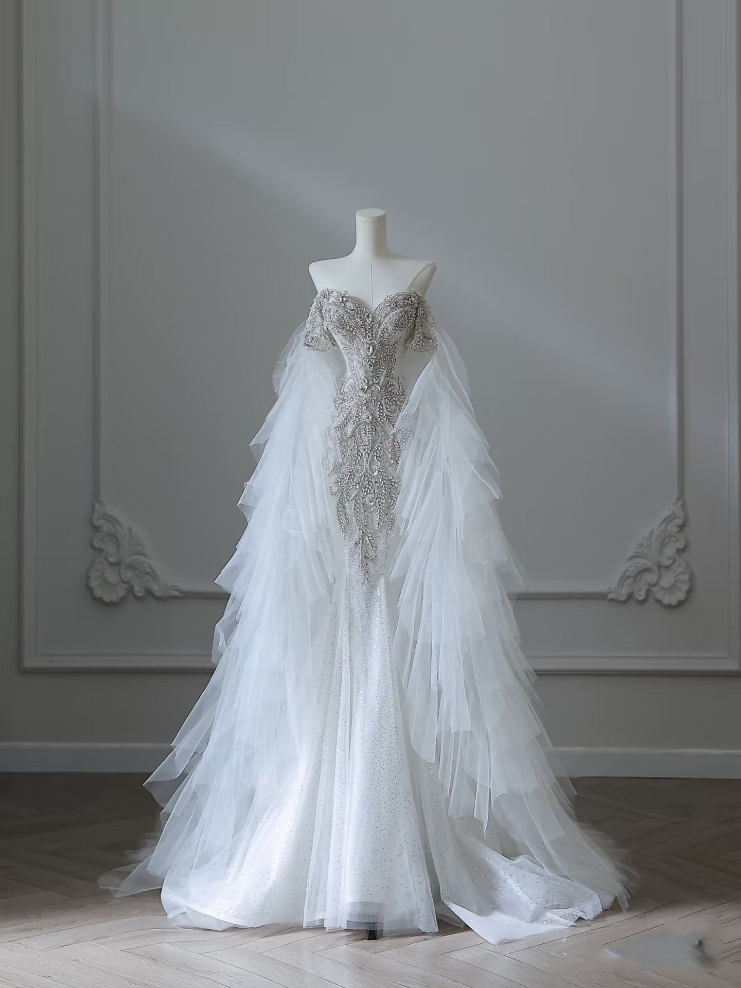 Modest Mermaid Off The Shoulder White Tulle Long Wedding Dresses Brides Dress