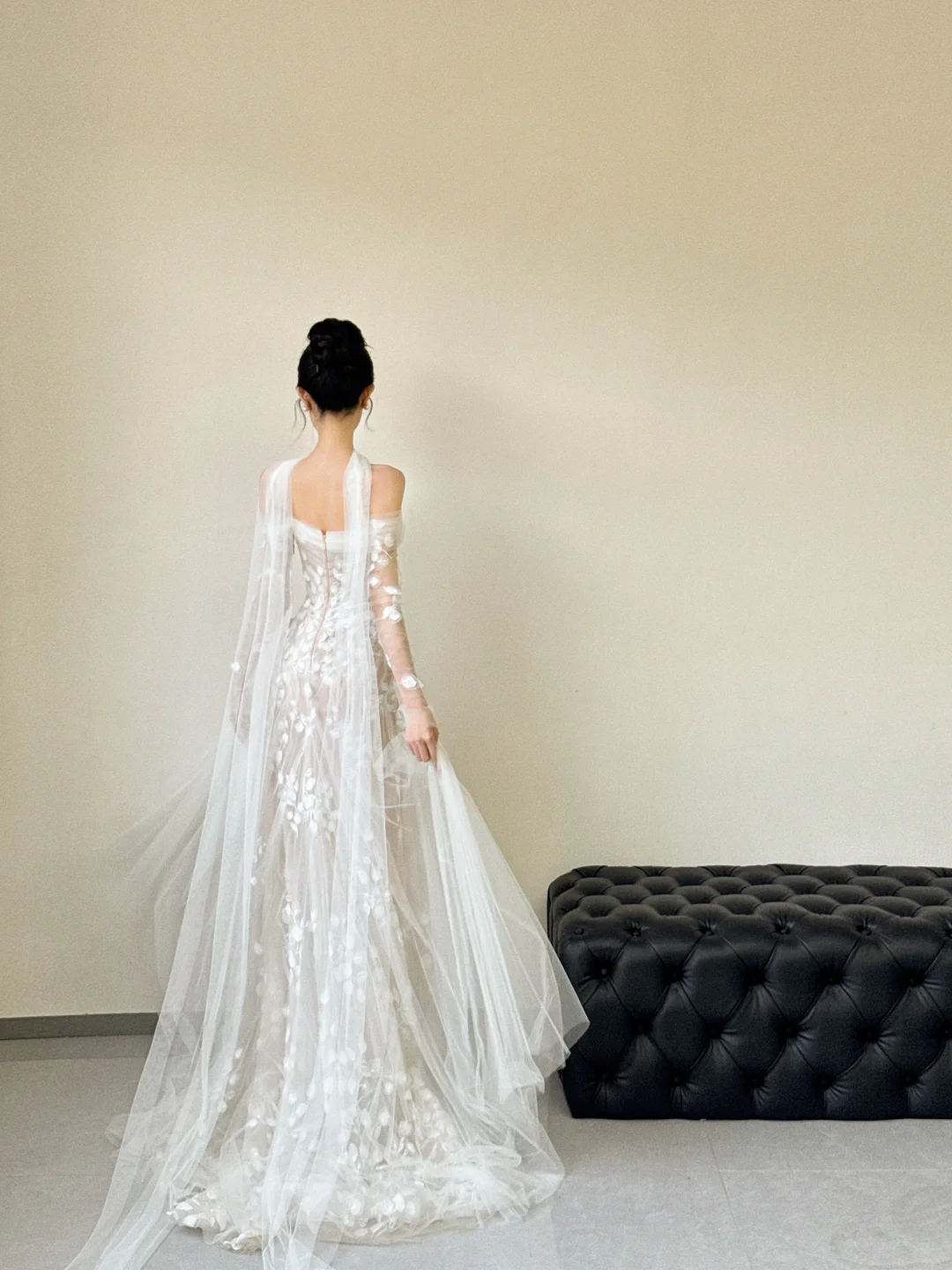 Unique A Line Off The Shoulder Tulle Applique Slit Long Sleeves Long Wedding Dresses