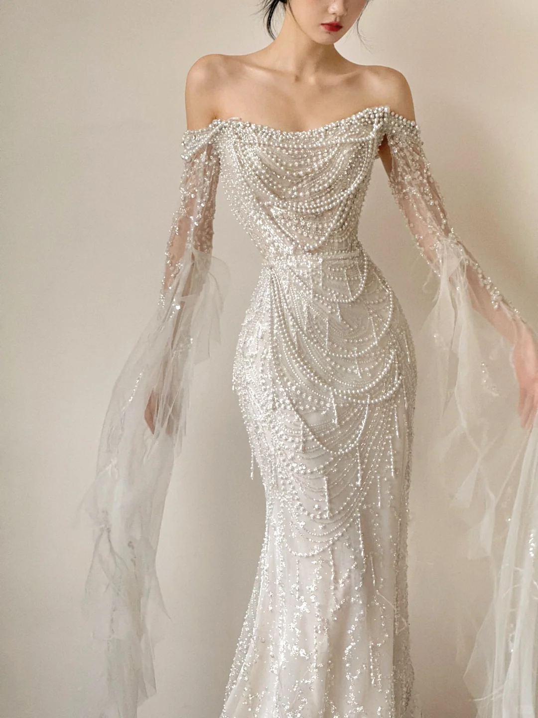 Gorgeous Mermaid Off The Shoulder Tulle Beaded Long Sleeves Long Wedding Dresses