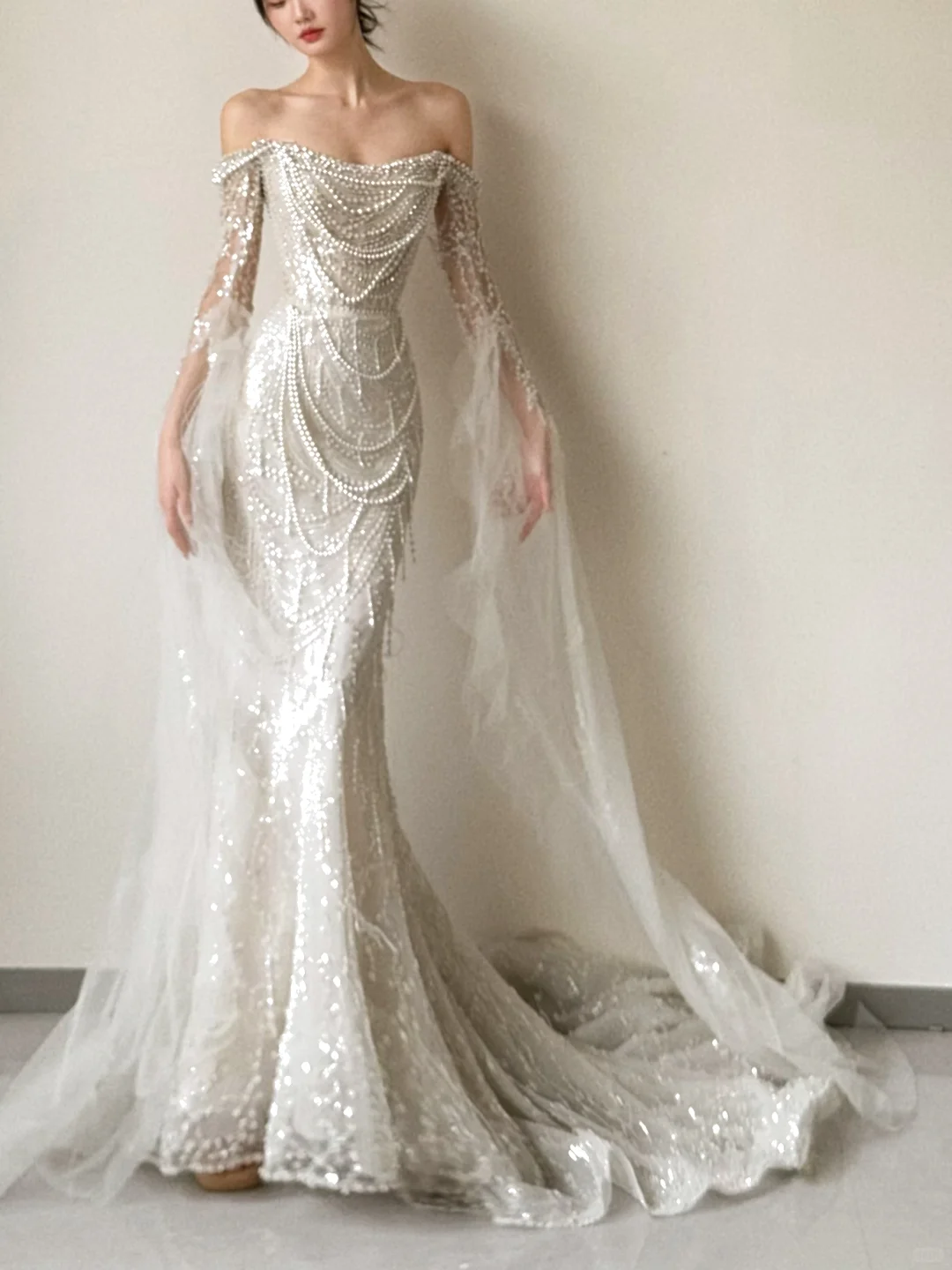 Gorgeous Mermaid Off The Shoulder Tulle Beaded Long Sleeves Long Wedding Dresses