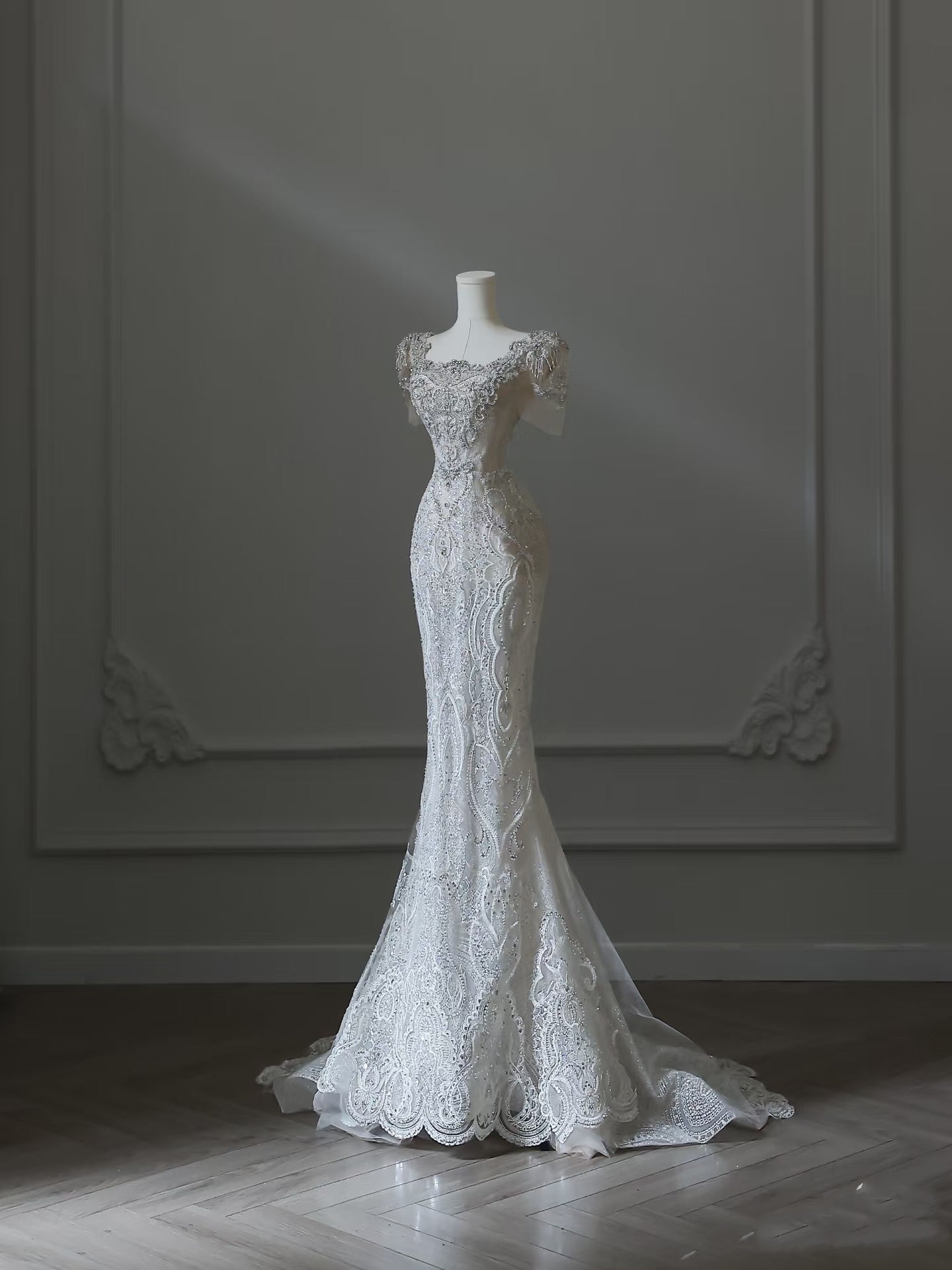 Unique Mermaid Square Neckline Short Sleeves Wedding Dresses White Brides Dress