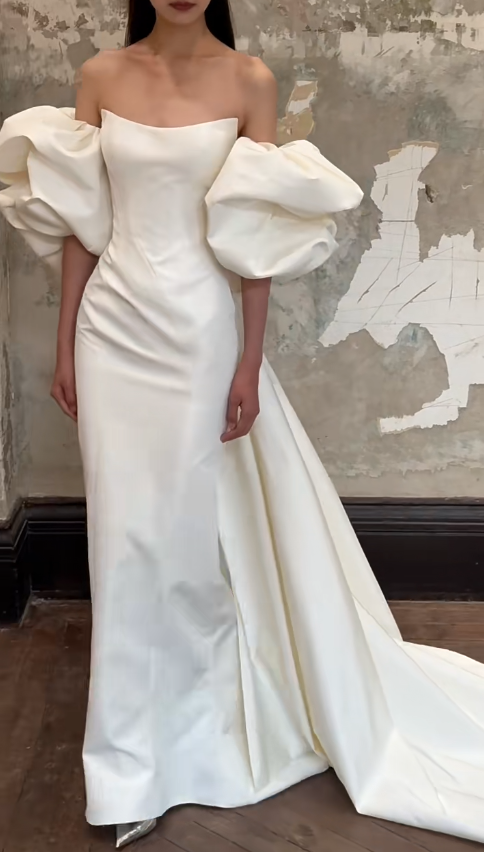 Simple Mermaid Off The Shoulder Satin Long Wedding Dresses