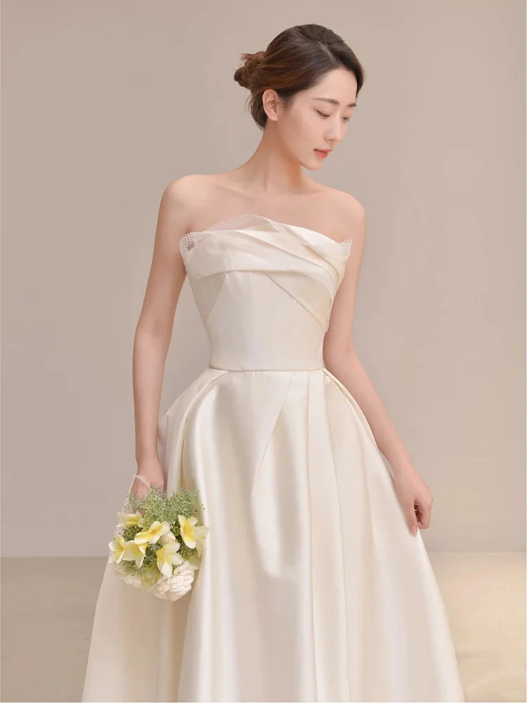 Elegant A Line Strapless Satin Slit Long Bridesmaid Dress