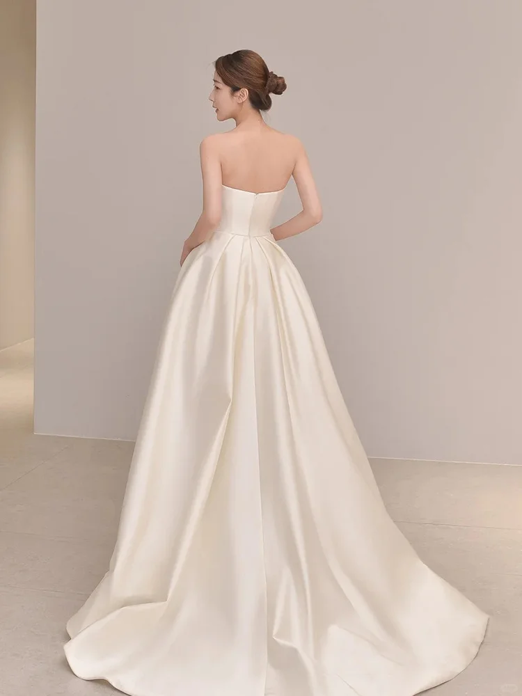 Elegant A Line Strapless Satin Slit Long Bridesmaid Dress