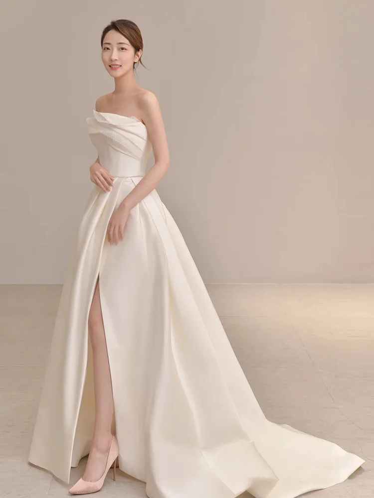 Elegant A Line Strapless Satin Slit Long Bridesmaid Dress
