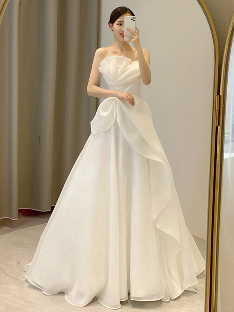 Summer Simple A Line Strapless Satin Long Wedding Dresses