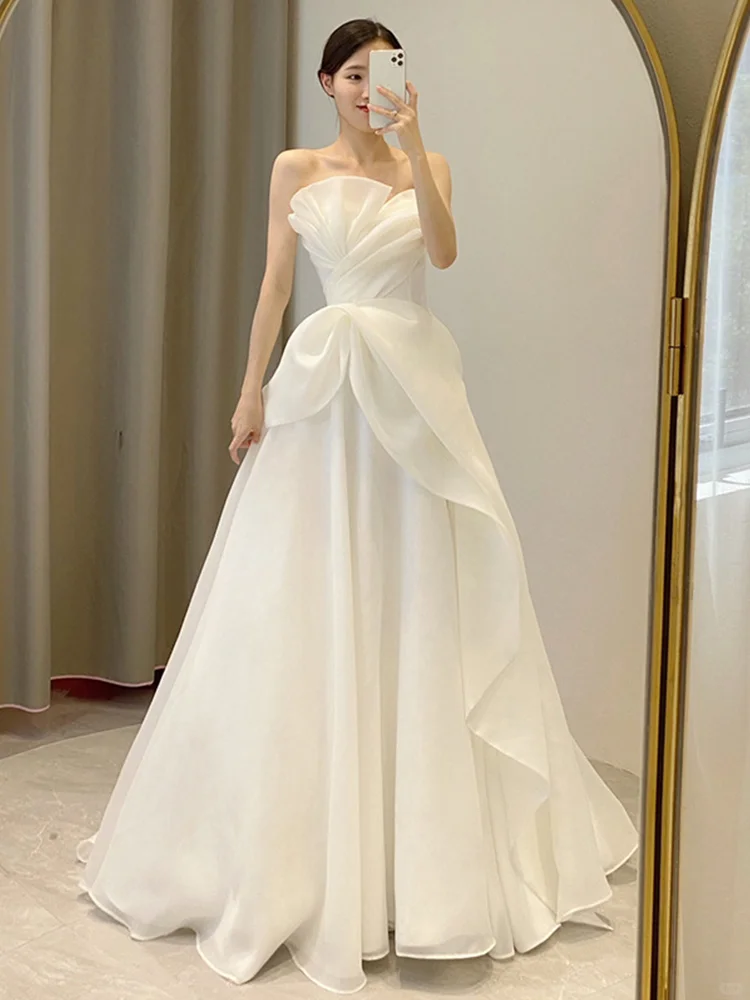 Summer Simple A Line Strapless Satin Long Wedding Dresses