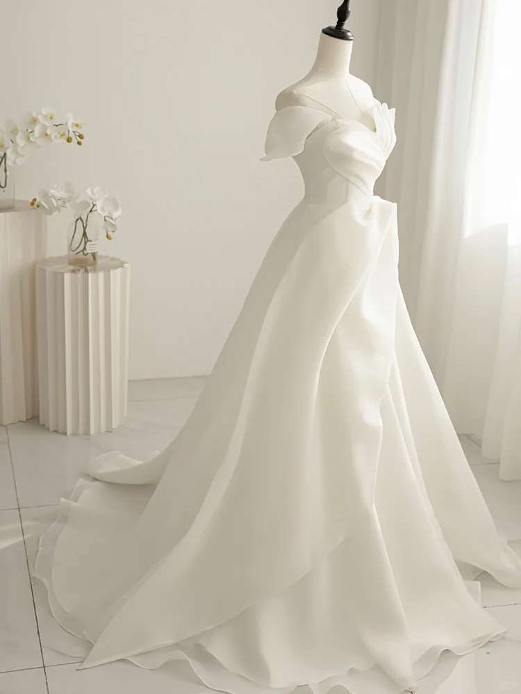 Summer Simple A Line Strapless Satin Long Wedding Dresses