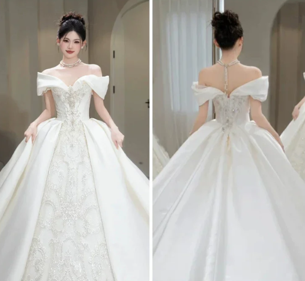 Timeless Ball Gown Off The Shoulder Satin Lace Long Wedding Dresses