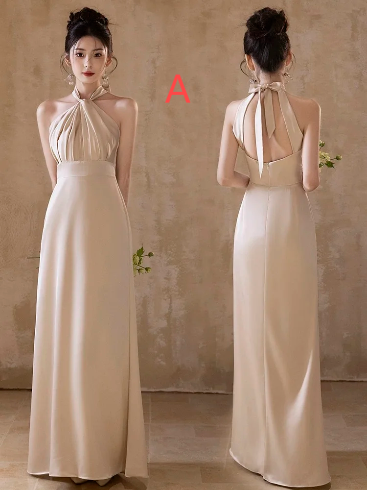 Champagne Elegant A Line Satin Long Bridesmaid Dress