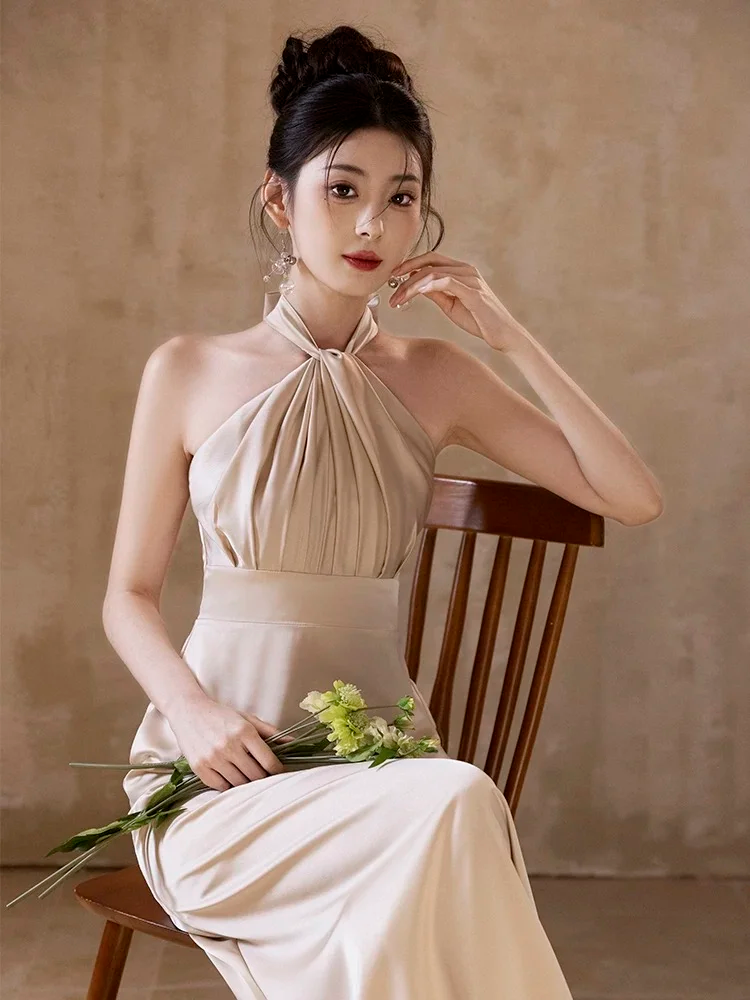 Champagne Elegant A Line Satin Long Bridesmaid Dress