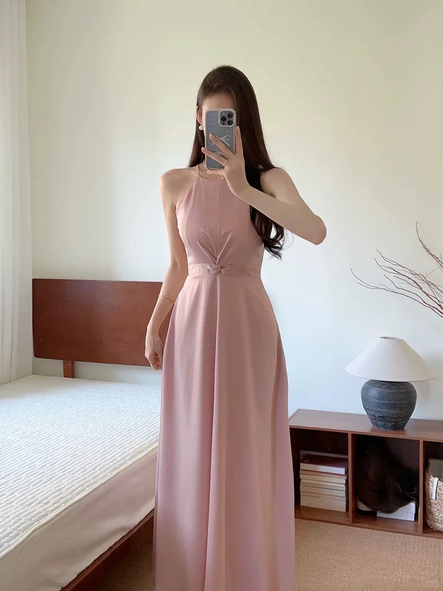 Classy Simple A Line Halter Satin Long Bridesmaid Dress