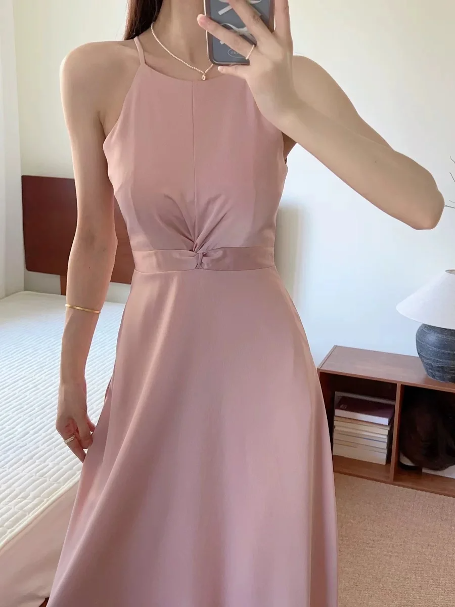 Classy Simple A Line Halter Satin Long Bridesmaid Dress