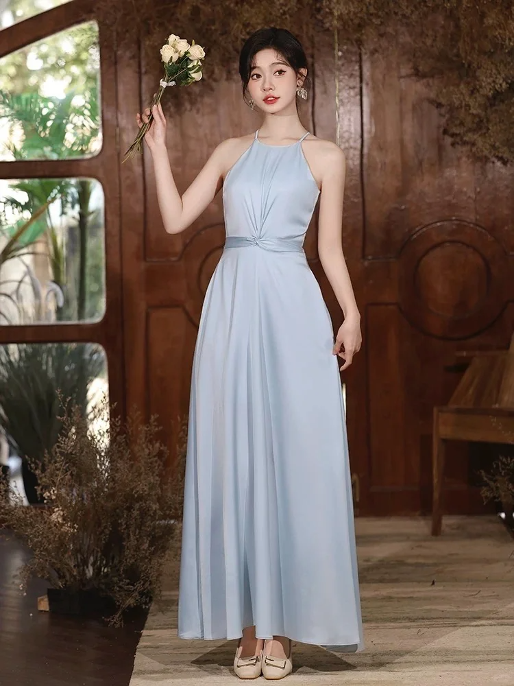 Classy Simple A Line Halter Satin Long Bridesmaid Dress