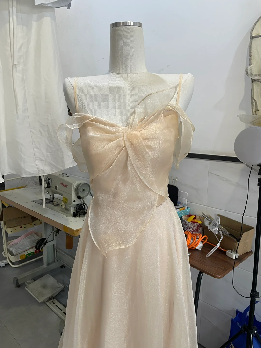Pretty A Line Spaghetti Straps Light Champagne Chiffon Long Bridesmaid Dress