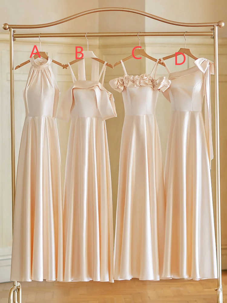 Calssy Champagne A Line Satin Long Bridesmaid Dress