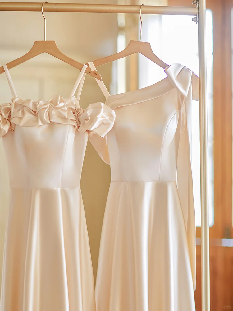 Calssy Champagne A Line Satin Long Bridesmaid Dress