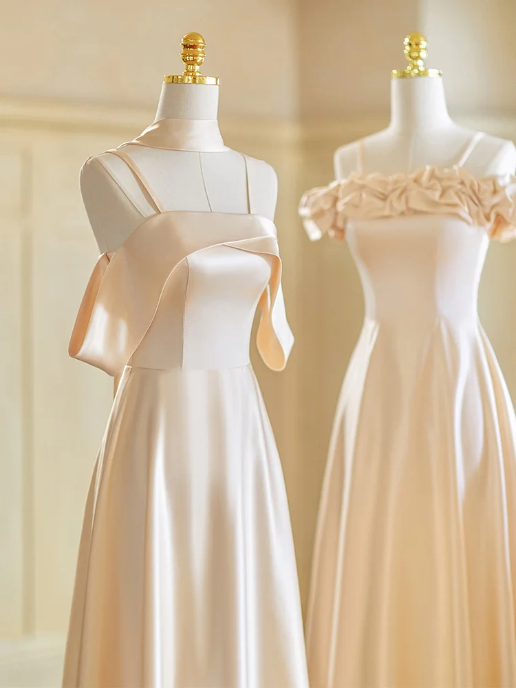 Calssy Champagne A Line Satin Long Bridesmaid Dress