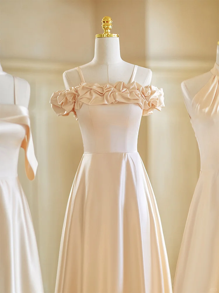 Calssy Champagne A Line Satin Long Bridesmaid Dress