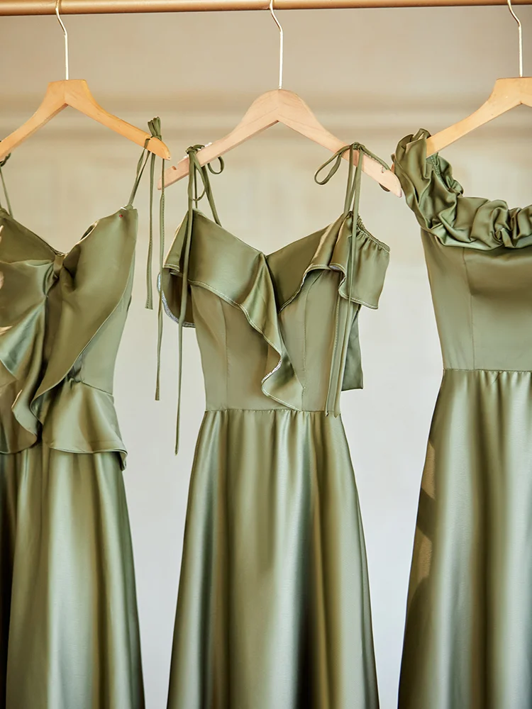 Olive Green Elegant A Line Satin Long Bridesmaid Dress