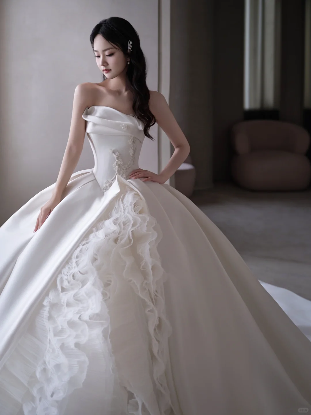 Timeless Ball Gown Strapless Satin Applique Tulle Long Wedding Dresses