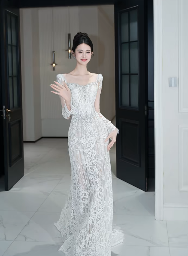 Vintage Mermaid White Lace Long Sleeves Long Wedding Dresses