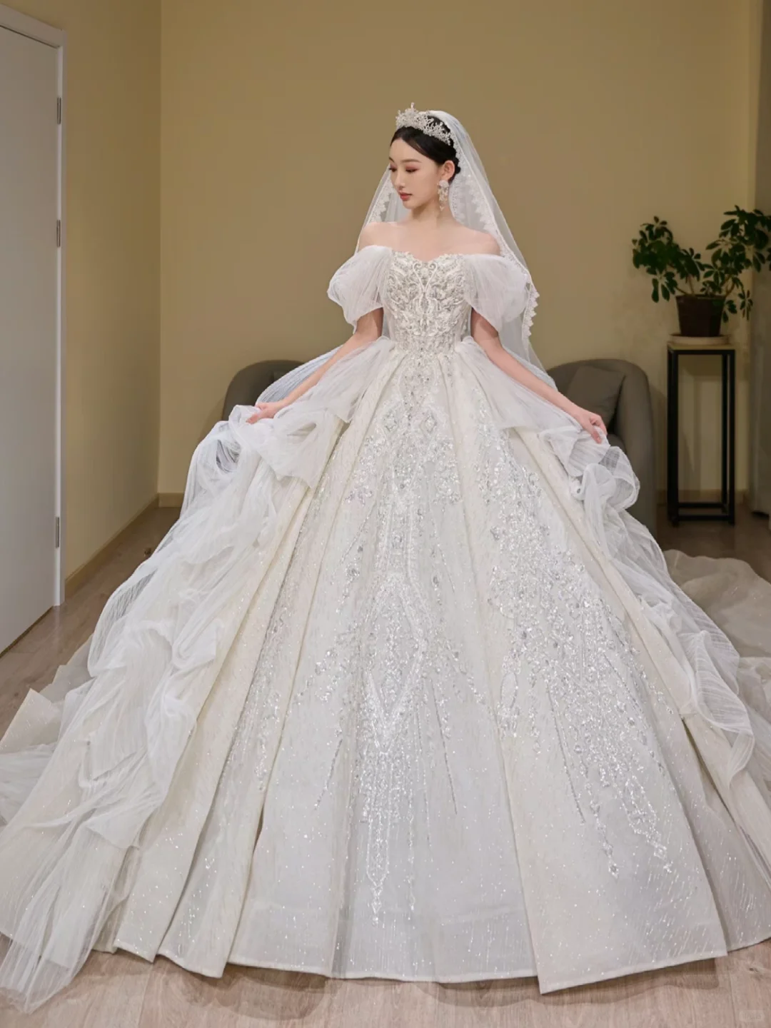 Elegant Ball Gown Off The Shoulder Satin Beaded Chiffon With Veil Long Wedding Dresses